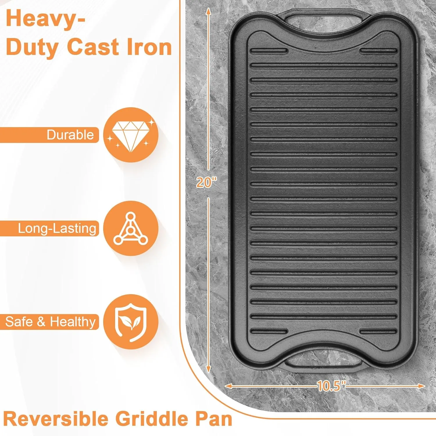 Reversible Cast Iron Griddle Plate for Gas Grill, Stovetop Grill Pan for Electric Stove, Pre-Seasoned Grill Griddle Pan for Gas Stove Top 2 Burner, Extra Large Stove Top Grill Plate 20" x 10.5"