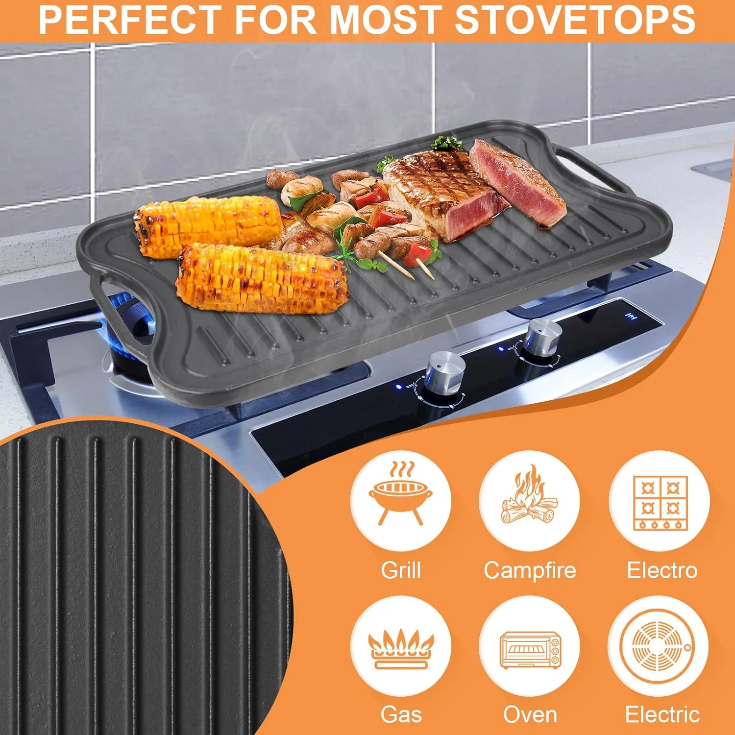 Reversible Cast Iron Griddle Plate for Gas Grill, Stovetop Grill Pan for Electric Stove, Pre-Seasoned Grill Griddle Pan for Gas Stove Top 2 Burner, Extra Large Stove Top Grill Plate 20" x 10.5"