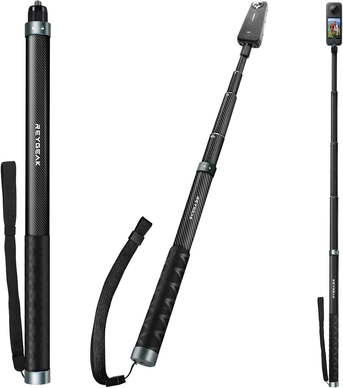REYGEAK 59 Inch Invisible Selfie Stick for Insta360 X4,Extension Selfie Pole with 1/4 Screw,Carbon Fiber Waterproof Long Monopod for Insta360 X4/X3/X2/ONE/ONE RS/ONE X.