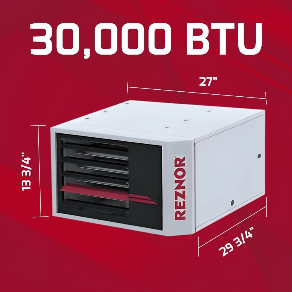 Reznor 30,000 BTU Unit Natural Gas Heater Indoor Use Garage and Shop Heater | Quiet Forced Air, Ceiling Mount, Low Static Propeller Fan | UDXC-30