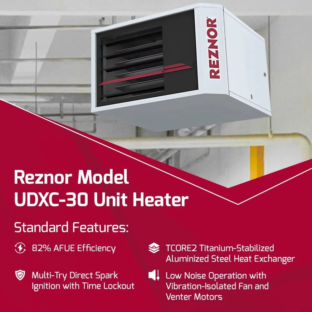 Reznor 30,000 BTU Unit Natural Gas Heater Indoor Use Garage and Shop Heater | Quiet Forced Air, Ceiling Mount, Low Static Propeller Fan | UDXC-30