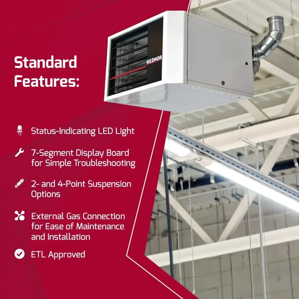 Reznor 30,000 BTU Unit Natural Gas Heater Indoor Use Garage and Shop Heater | Quiet Forced Air, Ceiling Mount, Low Static Propeller Fan | UDXC-30