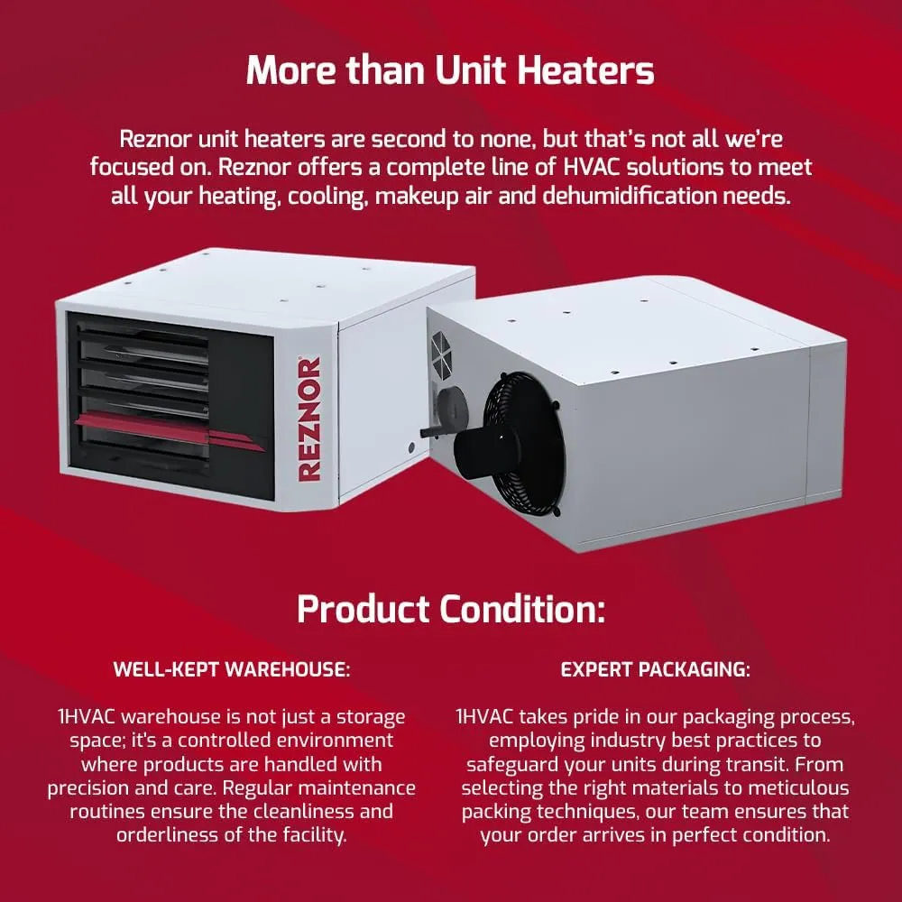 Reznor 60,000 BTU Unit Natural Gas Heater Indoor Use Garage and Shop Heater | Quiet Forced Air, Ceiling Mount, Low Static Propeller Fan | UDXC-60