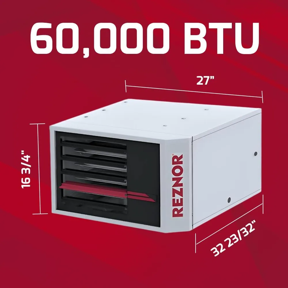 Reznor 60,000 BTU Unit Natural Gas Heater Indoor Use Garage and Shop Heater | Quiet Forced Air, Ceiling Mount, Low Static Propeller Fan | UDXC-60