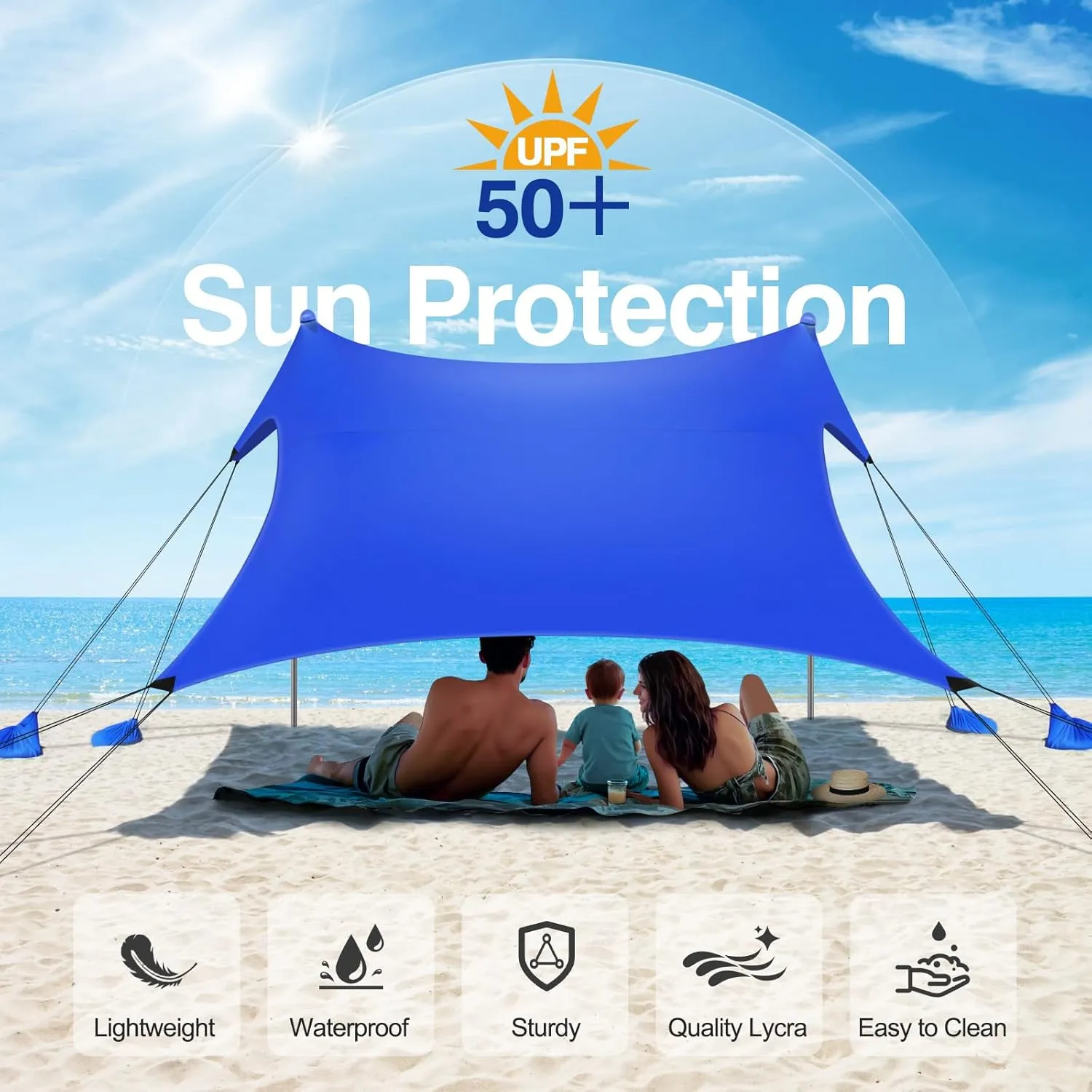Rhino Valley Beach Tent Sun Shelter, Beach Canopy Tent Sun Shade UPF50  Protection with 8 Sandbags 4 Stability Poles, Outdoor Beach Shade Canopy for Beach, Camping, Fishing