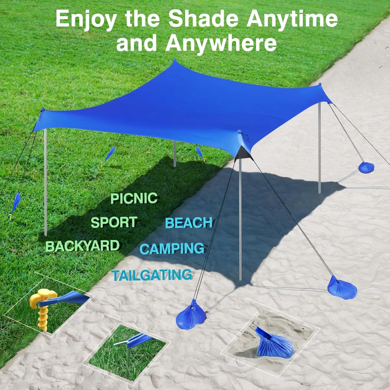 Rhino Valley Beach Tent Sun Shelter, Beach Canopy Tent Sun Shade UPF50  Protection with 8 Sandbags 4 Stability Poles, Outdoor Beach Shade Canopy for Beach, Camping, Fishing