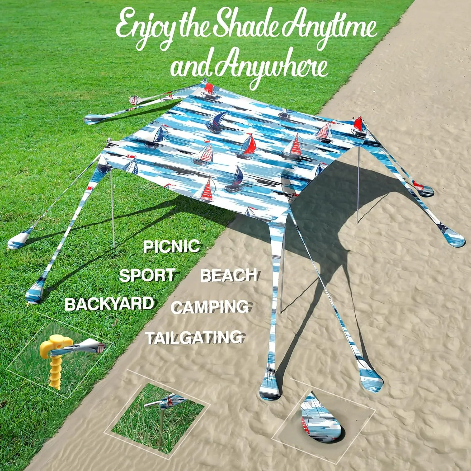 Rhino Valley Beach Tent Sun Shelter, Beach Canopy Tent Sun Shade UPF50  Protection with 8 Sandbags 4 Stability Poles, Outdoor Beach Shade Canopy for Beach, Camping, Fishing