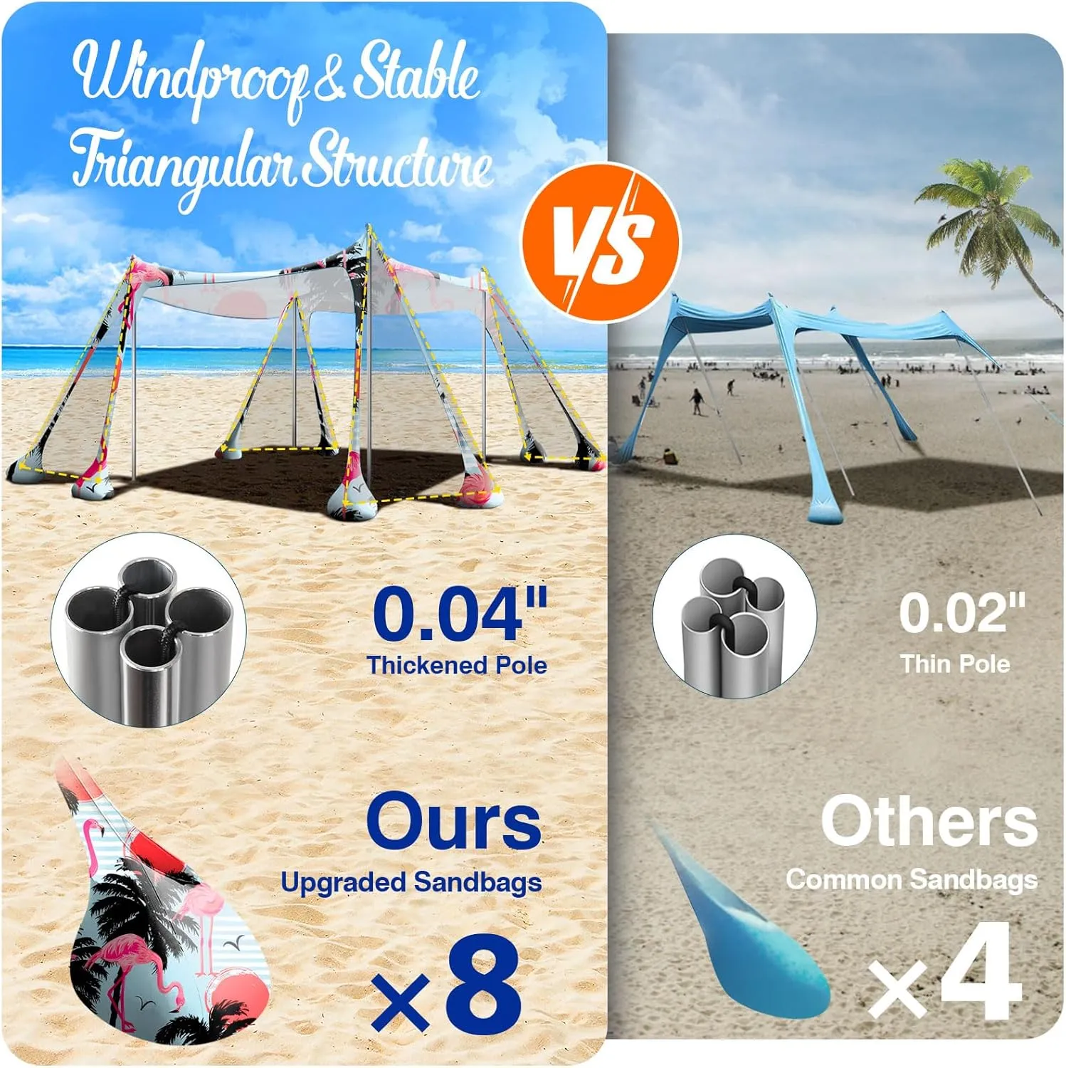 Rhino Valley Beach Tent Sun Shelter, Beach Canopy Tent Sun Shade UPF50  Protection with 8 Sandbags 4 Stability Poles, Outdoor Beach Shade Canopy for Beach, Camping, Fishing