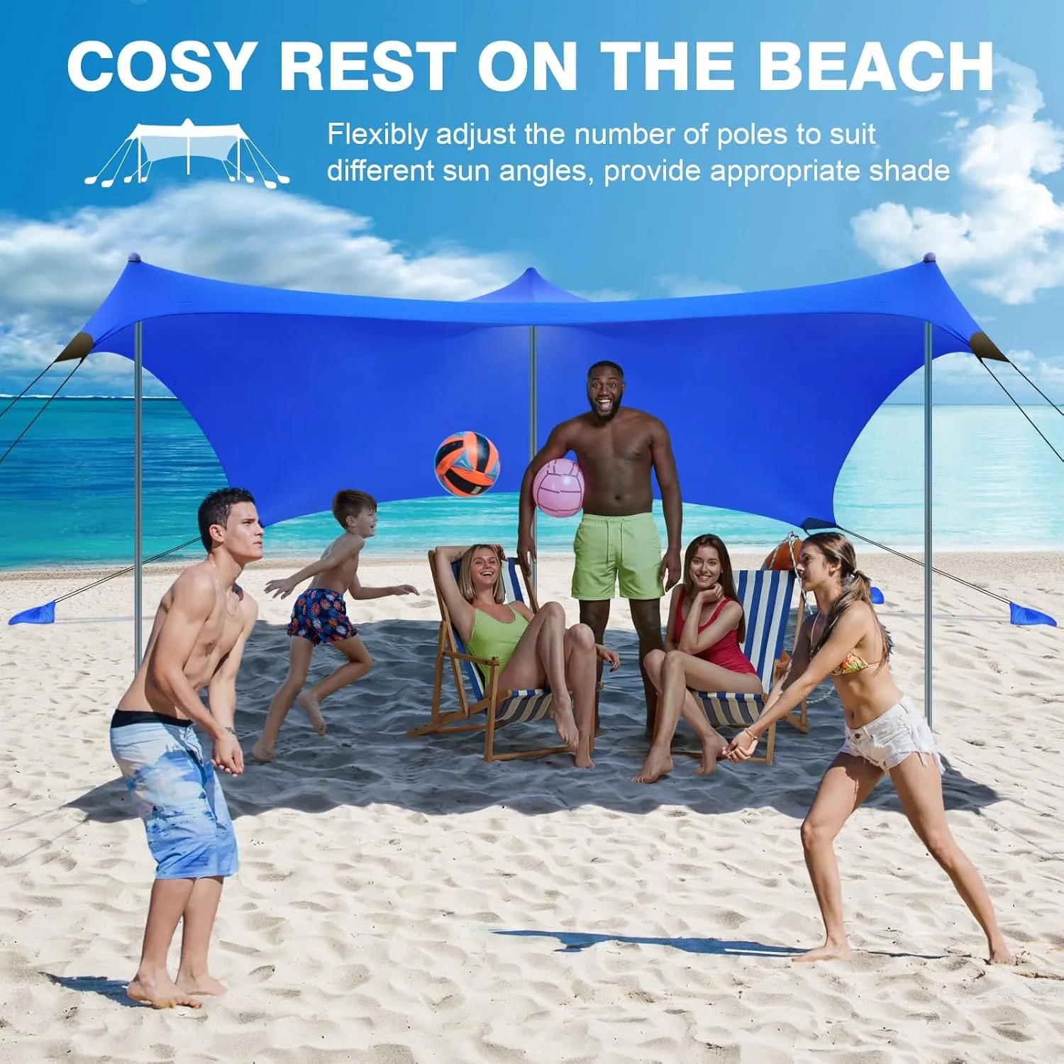 Rhino Valley Beach Tent Sun Shelter, Beach Canopy Tent Sun Shade UPF50  Protection with 8 Sandbags 4 Stability Poles, Outdoor Beach Shade Canopy for Beach, Camping, Fishing