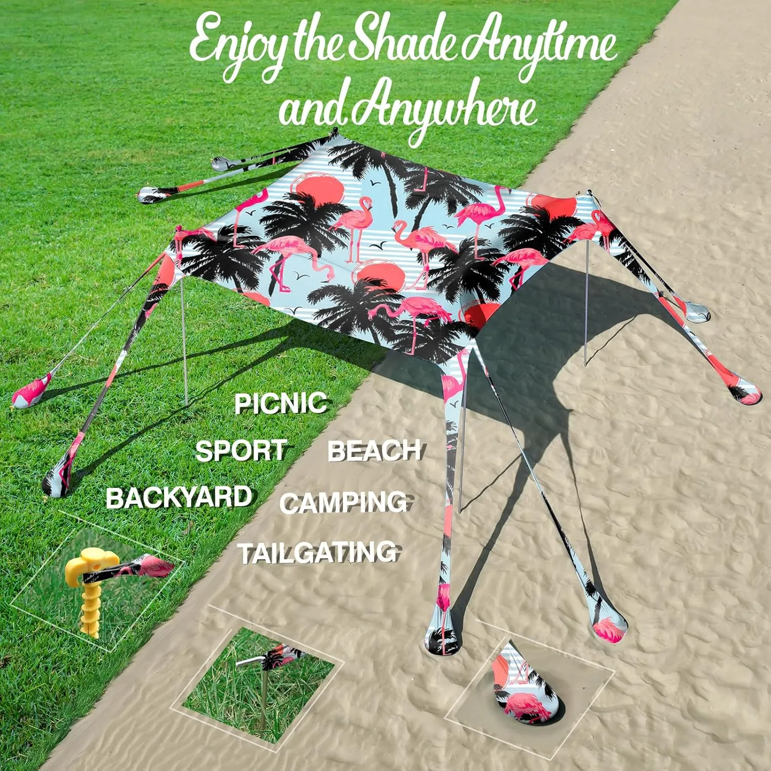 Rhino Valley Beach Tent Sun Shelter, Beach Canopy Tent Sun Shade UPF50  Protection with 8 Sandbags 4 Stability Poles, Outdoor Beach Shade Canopy for Beach, Camping, Fishing