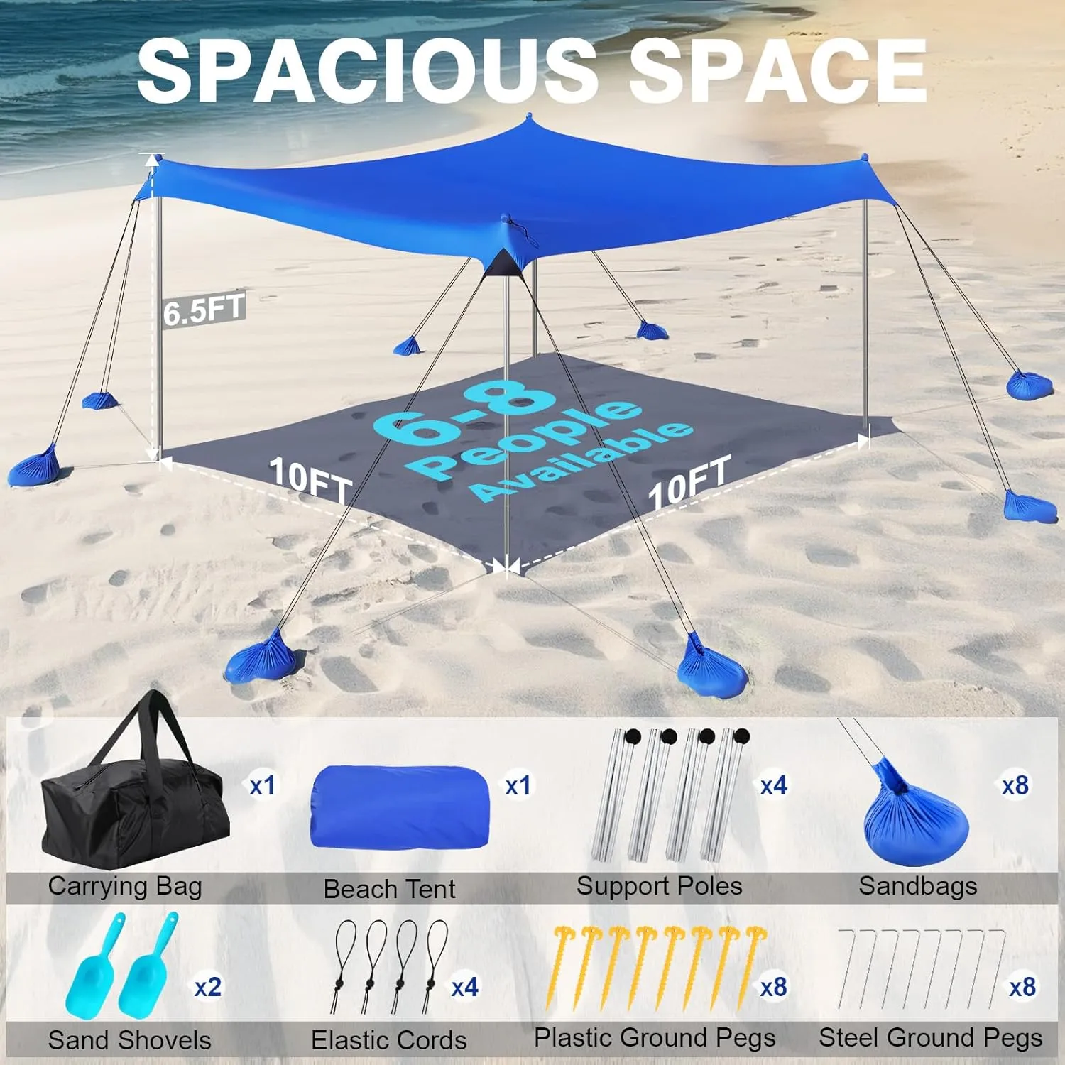 Rhino Valley Beach Tent Sun Shelter, Beach Canopy Tent Sun Shade UPF50  Protection with 8 Sandbags 4 Stability Poles, Outdoor Beach Shade Canopy for Beach, Camping, Fishing