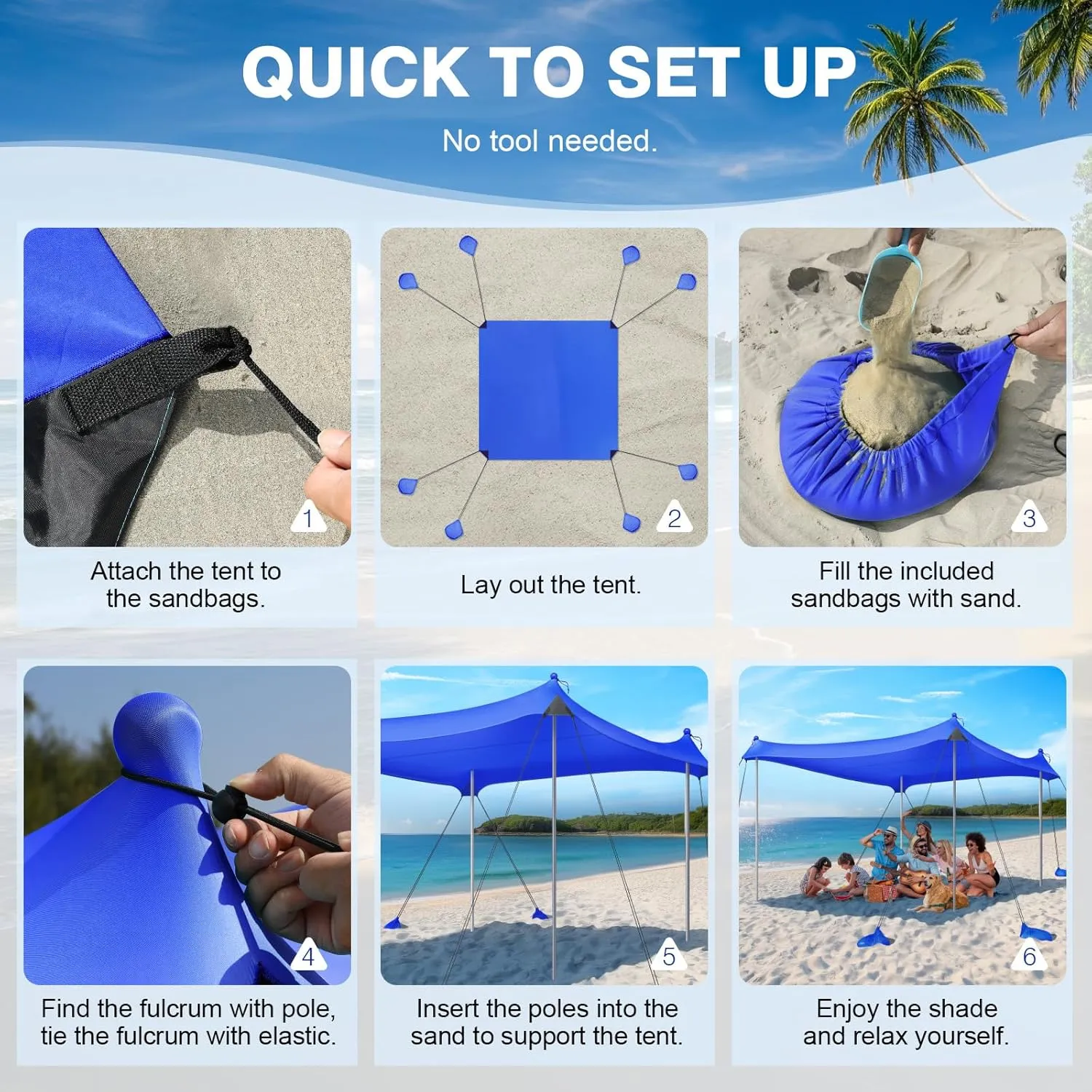 Rhino Valley Beach Tent Sun Shelter, Beach Canopy Tent Sun Shade UPF50  Protection with 8 Sandbags 4 Stability Poles, Outdoor Beach Shade Canopy for Beach, Camping, Fishing