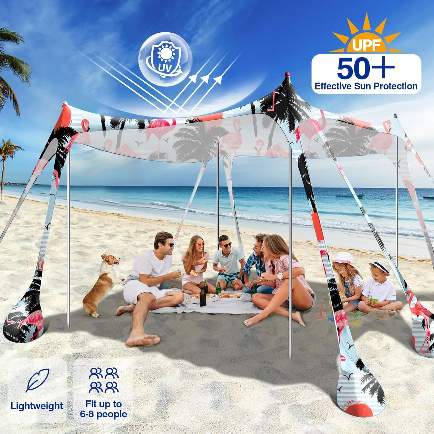 Rhino Valley Beach Tent Sun Shelter, Beach Canopy Tent Sun Shade UPF50  Protection with 8 Sandbags 4 Stability Poles, Outdoor Beach Shade Canopy for Beach, Camping, Fishing