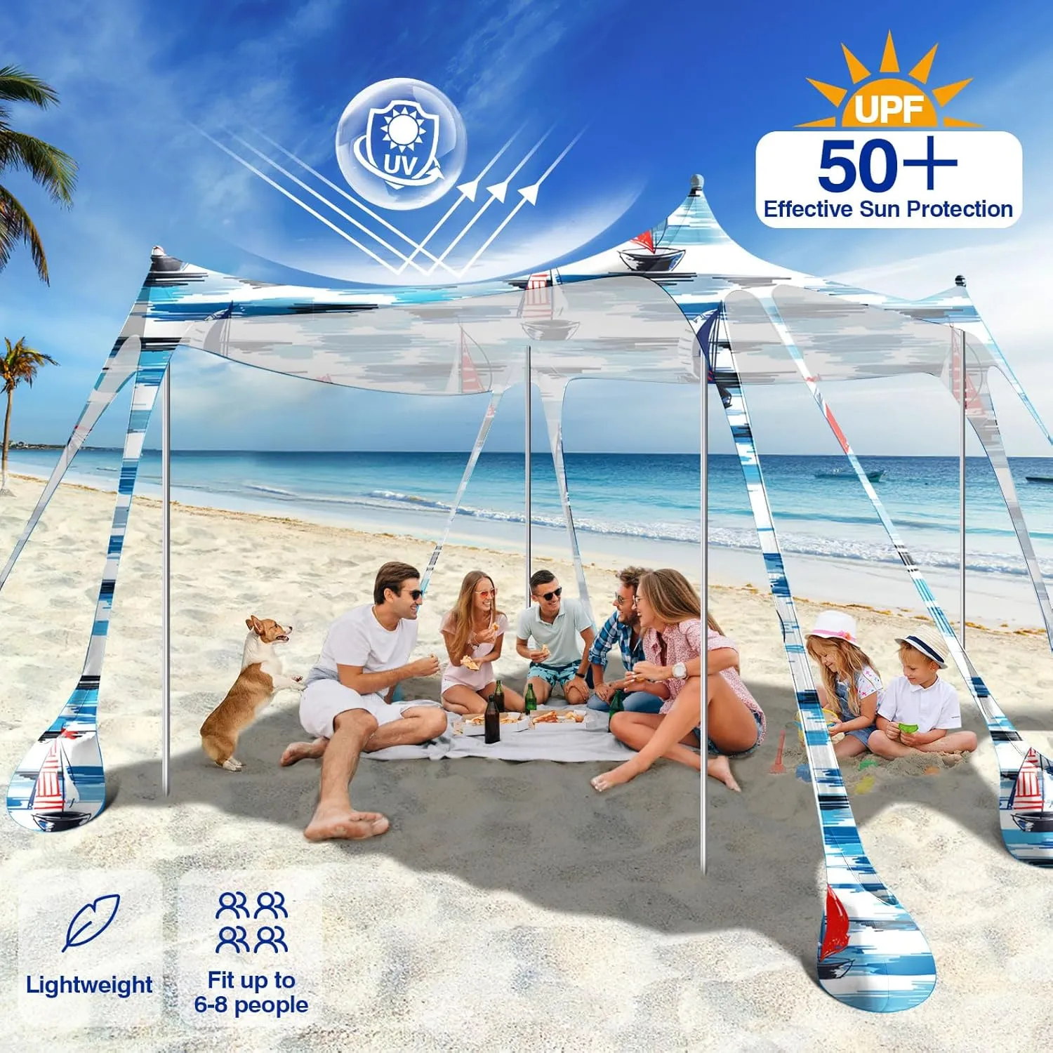 Rhino Valley Beach Tent Sun Shelter, Beach Canopy Tent Sun Shade UPF50  Protection with 8 Sandbags 4 Stability Poles, Outdoor Beach Shade Canopy for Beach, Camping, Fishing