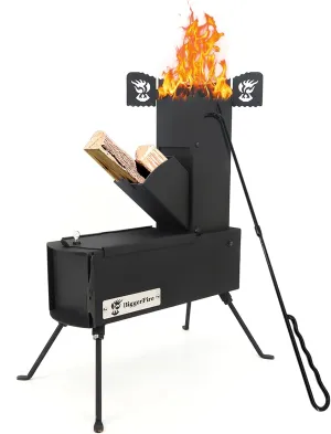 Rocket Stove Portable Folding Steel Wood Burning Camping Stove with Carrying Bag and Carbon Steel Removable Fire Poker 27.5" Black for Picnic, BBQ, Hunting, Backyard Outdoor Cooking