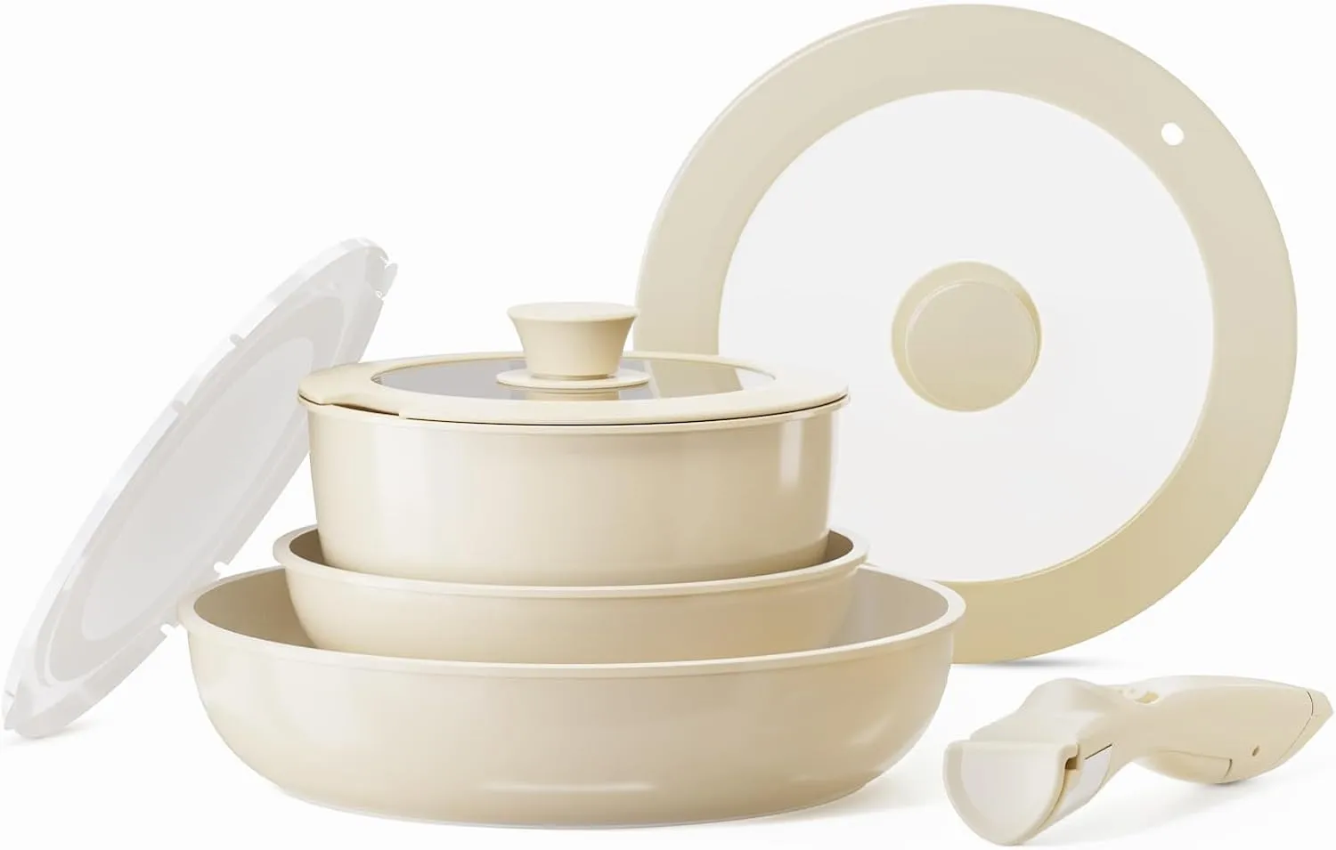 Rockurwok 7pcs Pots and Pans Set Non Stick, Ceramic Cookware Set Detachable Handle, Induction Nonstick Cookware Set Non-toxic RV Kitchen Cooking Set with Removable Handle, PFAS and PFOA Free (White)