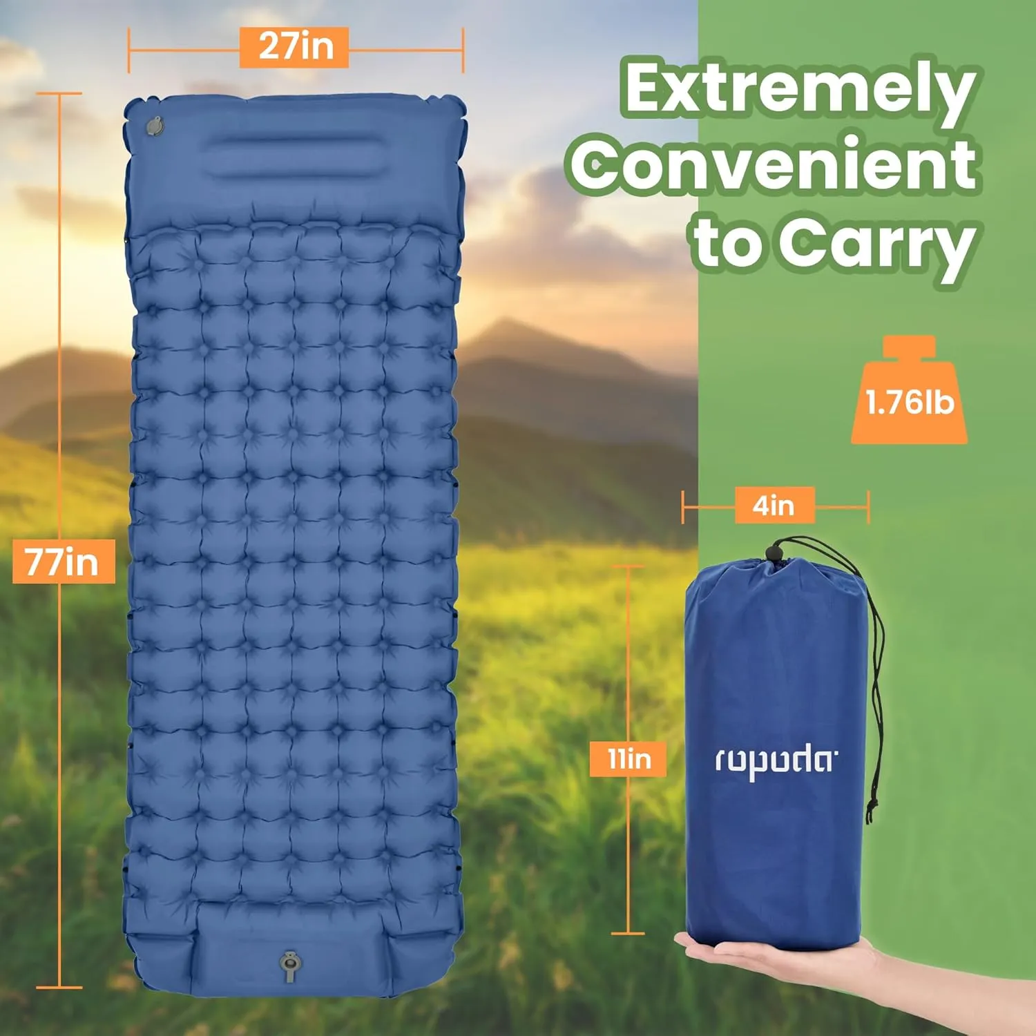 ropoda Extra Thickness 3.9'' Inflatable Sleeping Pad for Camping with Pillow, Built-in Foot Pump, 77''*27'' Sleeping Mat with Carry Bag, Ultralight & Compact Camping Mattress for Hiking, Camping Pad