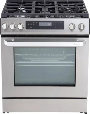 RRG303GS 30" Gas Range, 5 Sealed Burners, 5.0 cu. Ft. Capacity, Freestanding Slide-in AirFry, True Convection Oven, Self Cleaning, Easy Reach Racks, Glass Touch, Stainless Steel