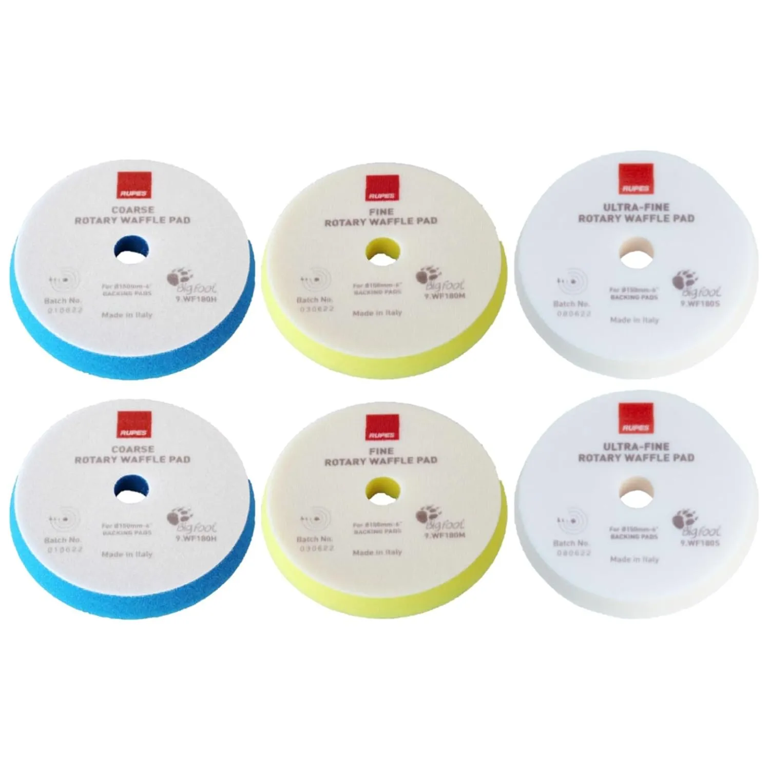 RUPES WF Series 6.5" Rotary Waffle Foam Pads Bundle - Includes 2 Coarse, 2 Fine and 2 Ultra-Fine Foam Pads - Tailored to Meet The Diverse Needs of Automotive Detailing
