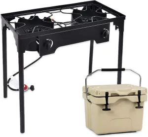 S AFSTAR Outdoor Dual Stove Burner with Stand and 16 QT Cooler Set, High Pressure Propane Gas Cooker with Detachable Legs, Heavy-duty Ice Chest for Cold & Heat Preservation for Camping Fishing BBQ