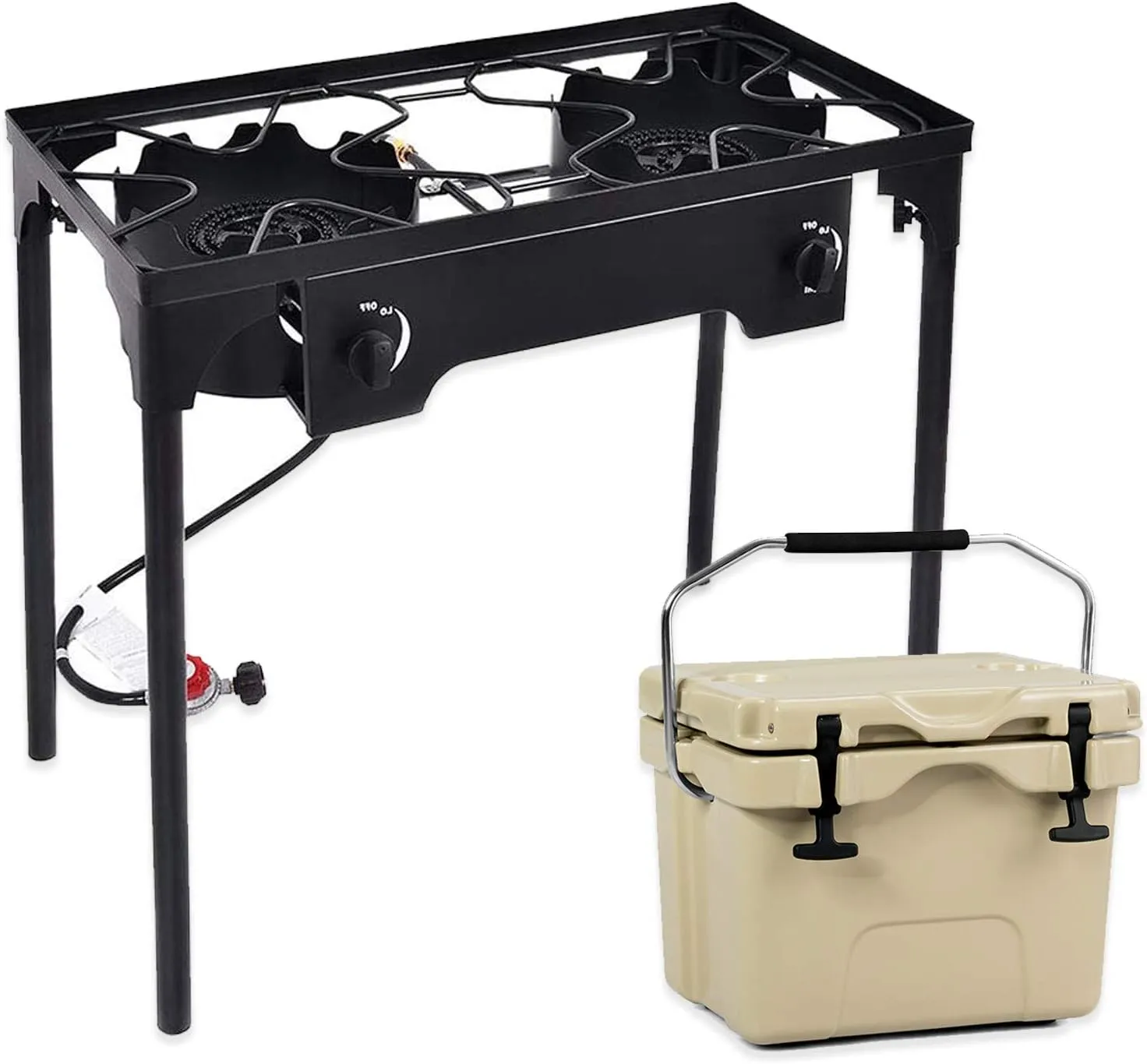 S AFSTAR Outdoor Dual Stove Burner with Stand and 16 QT Cooler Set, High Pressure Propane Gas Cooker with Detachable Legs, Heavy-duty Ice Chest for Cold & Heat Preservation for Camping Fishing BBQ
