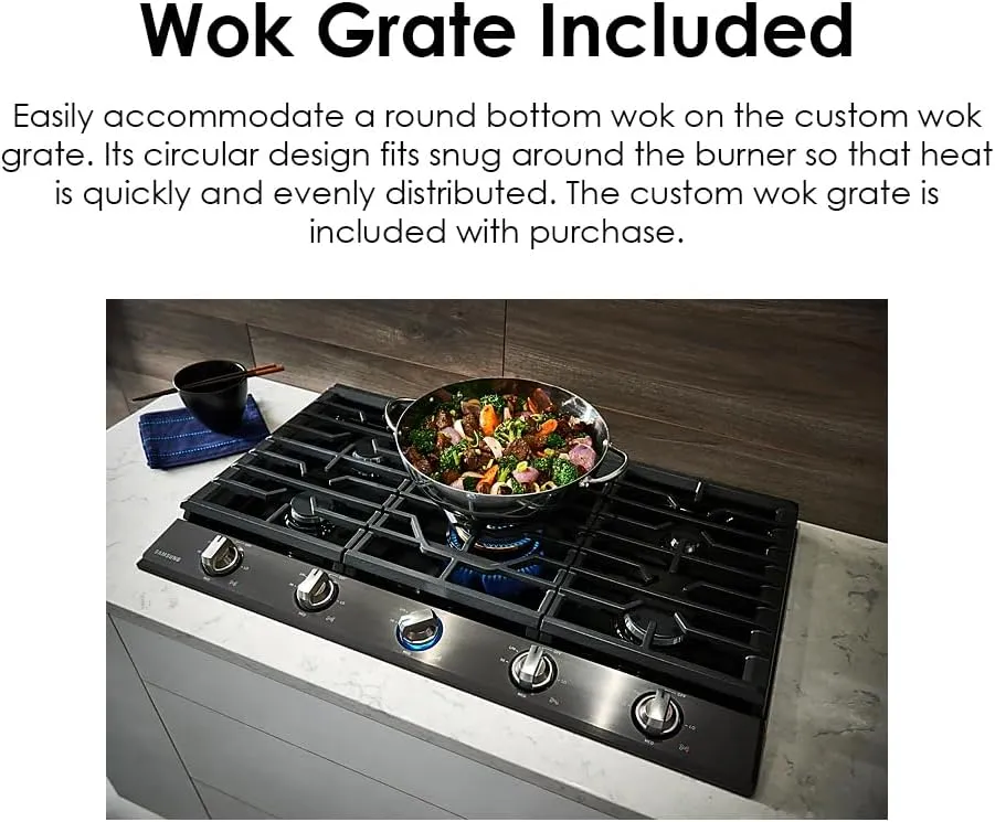 SAMSUNG 36" Built In Smart Gas Cooktop with 22K BTU Dual Power Burner, 5 Burners, Stainless Steel, NA36N7755TS/AA