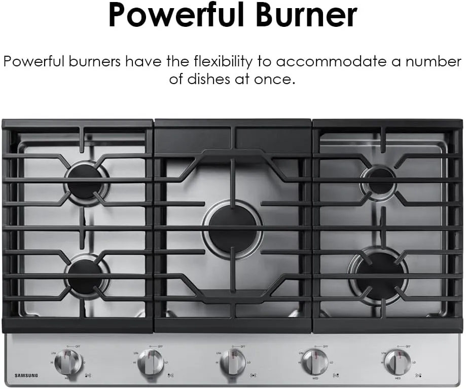 SAMSUNG 36" Built In Smart Gas Cooktop with 22K BTU Dual Power Burner, 5 Burners, Stainless Steel, NA36N7755TS/AA