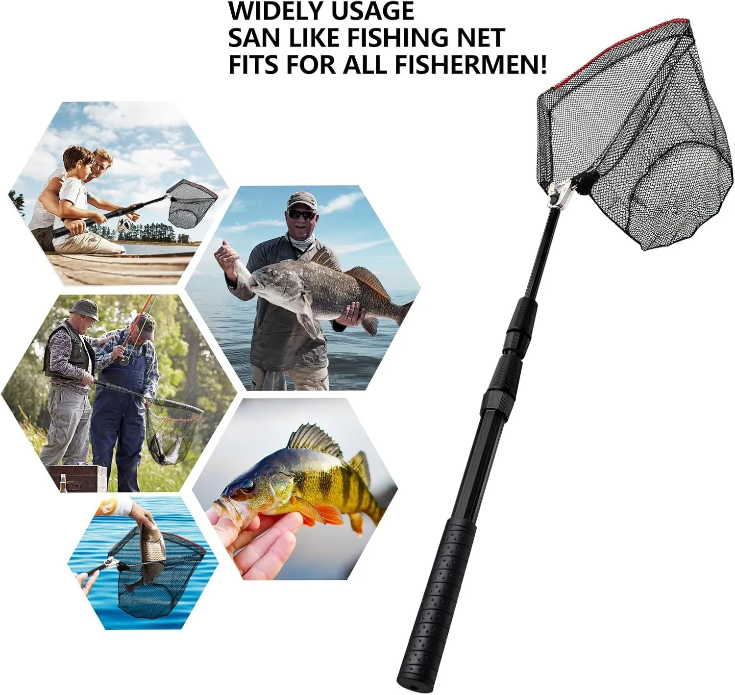 SAN LIKE Fishing Net Fish Landing Net Collapsible Fish Net with Anti-Slip Telescoping Rubber Pole Handle for Kids Adults in Saltwater Freshwater Multi-Size Extending to 37/42/43/51/69/71/89/98inch
