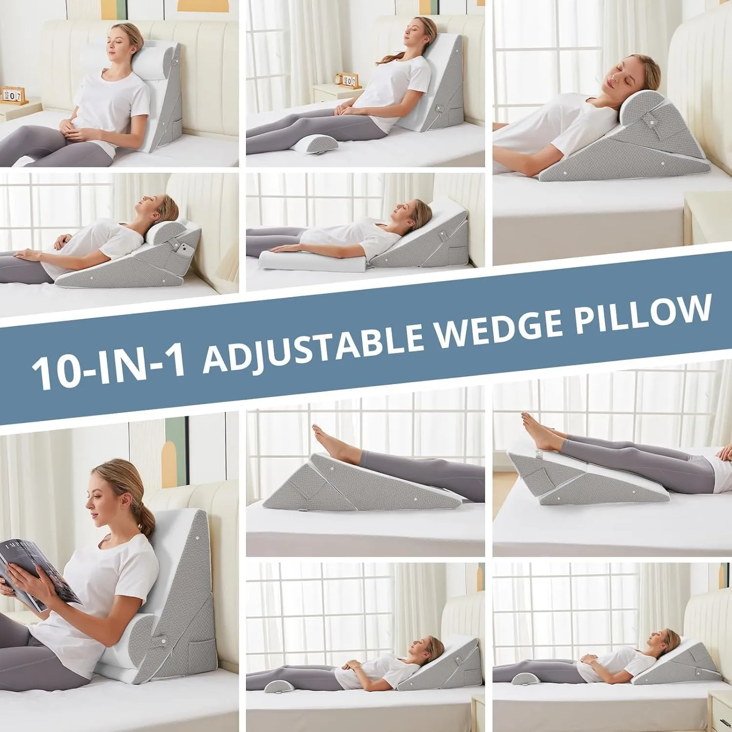Sasttie Wedge Pillow for Headboard, Adjustable Bed Wedge Pillow Set with Orthopedic Memory Foam Neck Cushion – for Acid Reflux, Neck & Back Support, and Post-Surgery Recovery, White and Light Grey