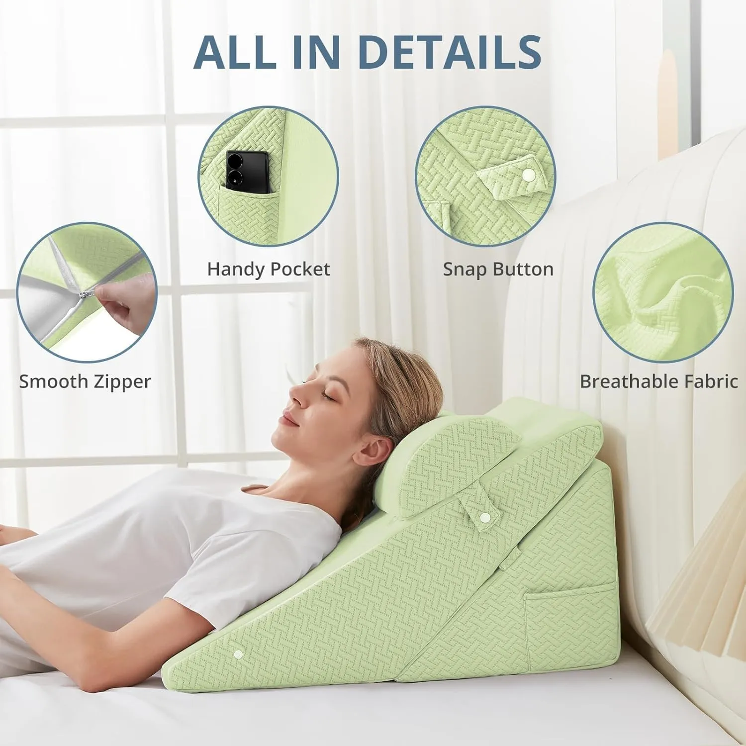 Sasttie Wedge Pillow Set for After Surgery, Adjustable Bed Wedge Pillow Headboard with Orthopedic Memory Foam Neck Cushion – for Acid Reflux, Sleeping, Neck & Back Support, Sage