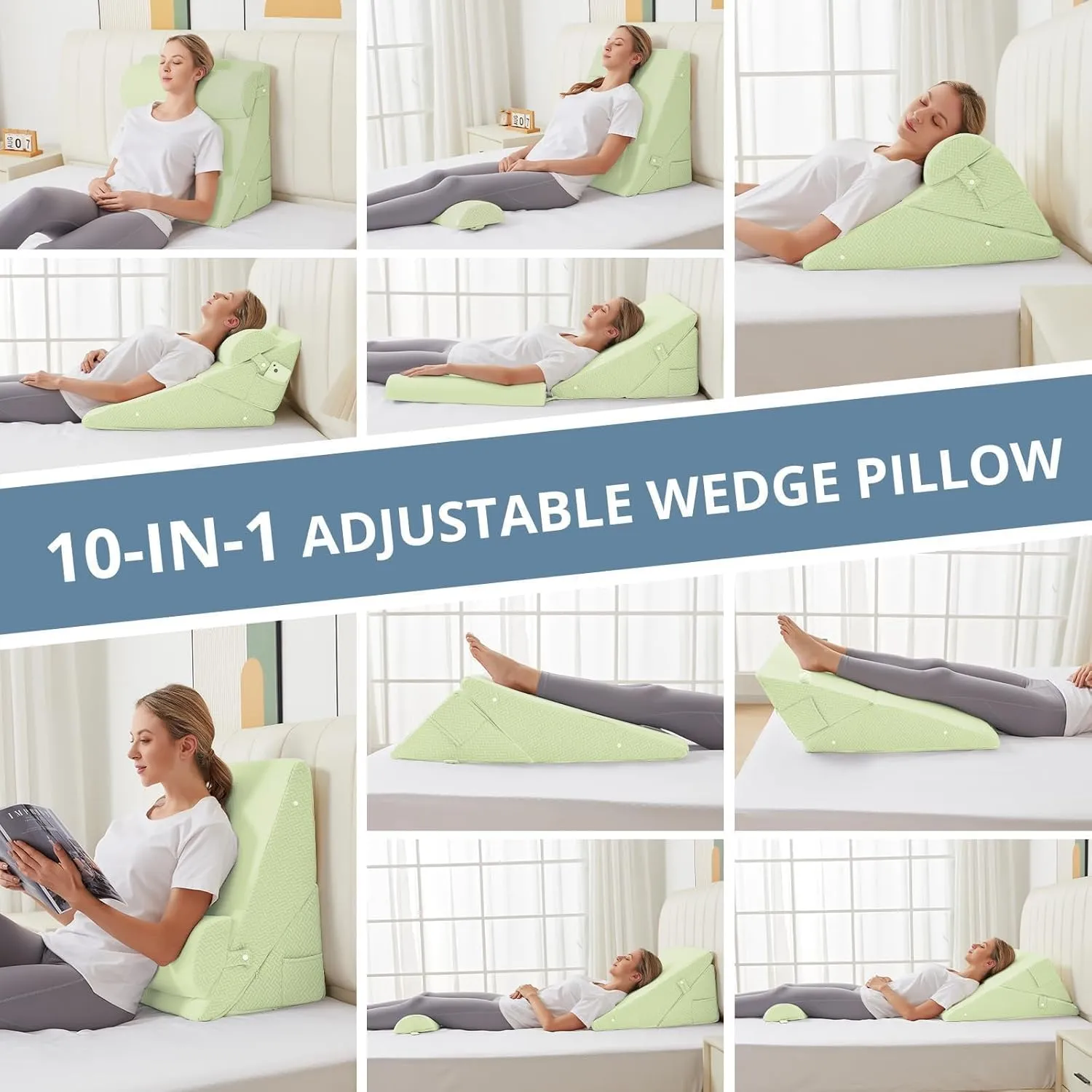 Sasttie Wedge Pillow Set for After Surgery, Adjustable Bed Wedge Pillow Headboard with Orthopedic Memory Foam Neck Cushion – for Acid Reflux, Sleeping, Neck & Back Support, Sage