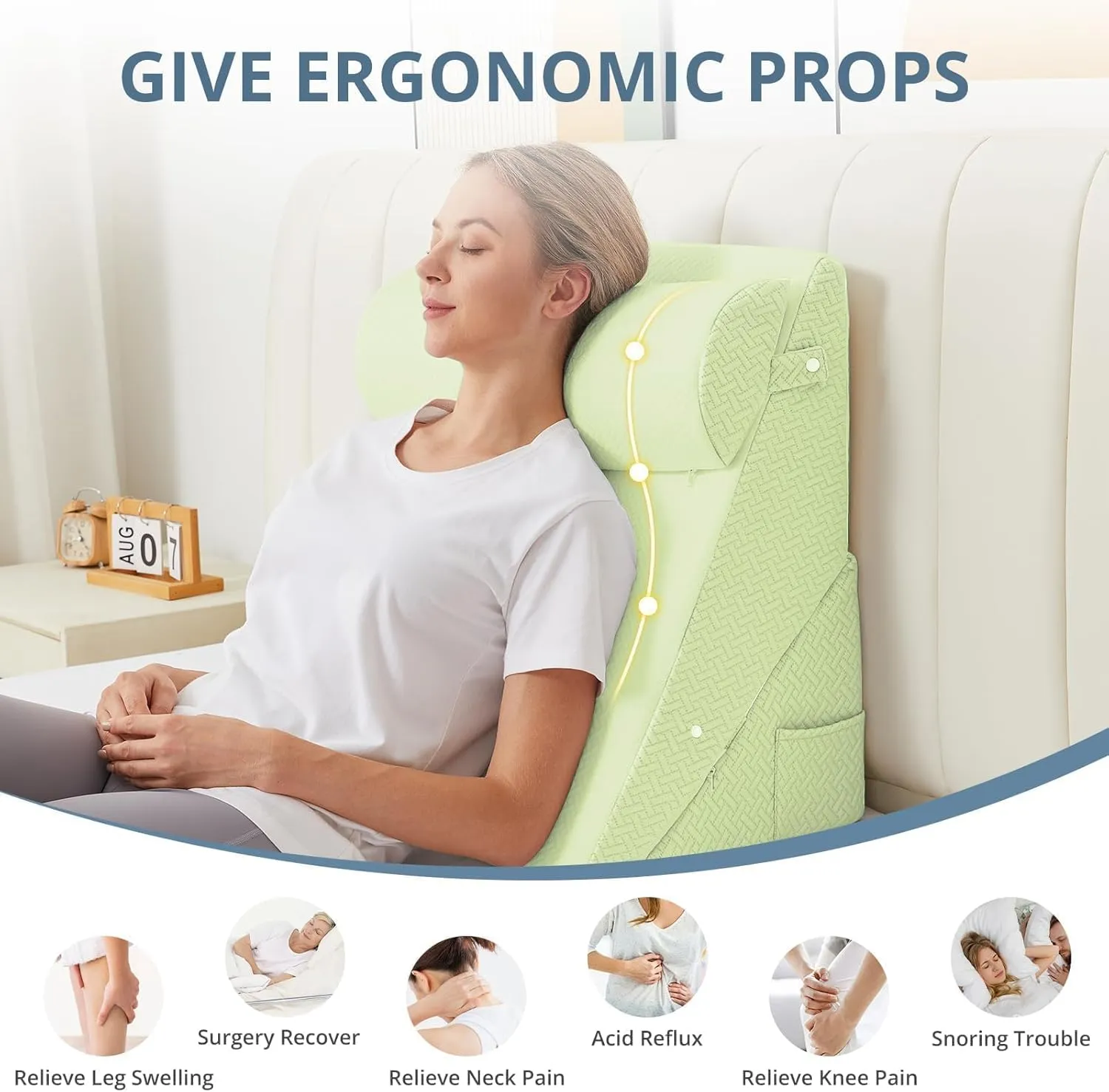 Sasttie Wedge Pillow Set for After Surgery, Adjustable Bed Wedge Pillow Headboard with Orthopedic Memory Foam Neck Cushion – for Acid Reflux, Sleeping, Neck & Back Support, Sage