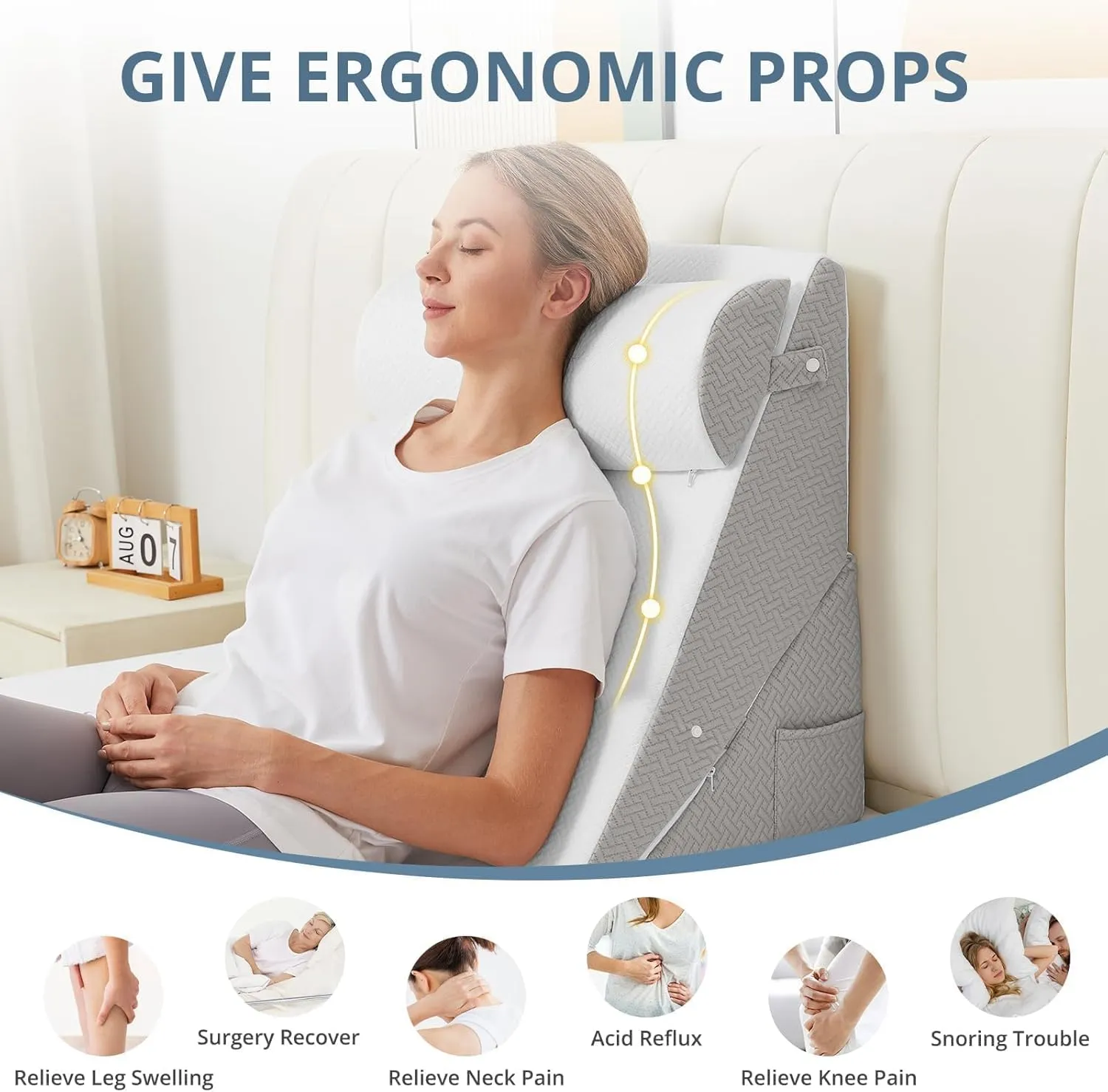 Sasttie Wedge Pillow Set for After Surgery, Adjustable Bed Wedge Pillow Headboard with Orthopedic Memory Foam Neck Cushion – for Acid Reflux, Sleeping, Neck & Back Support, White and Light Grey