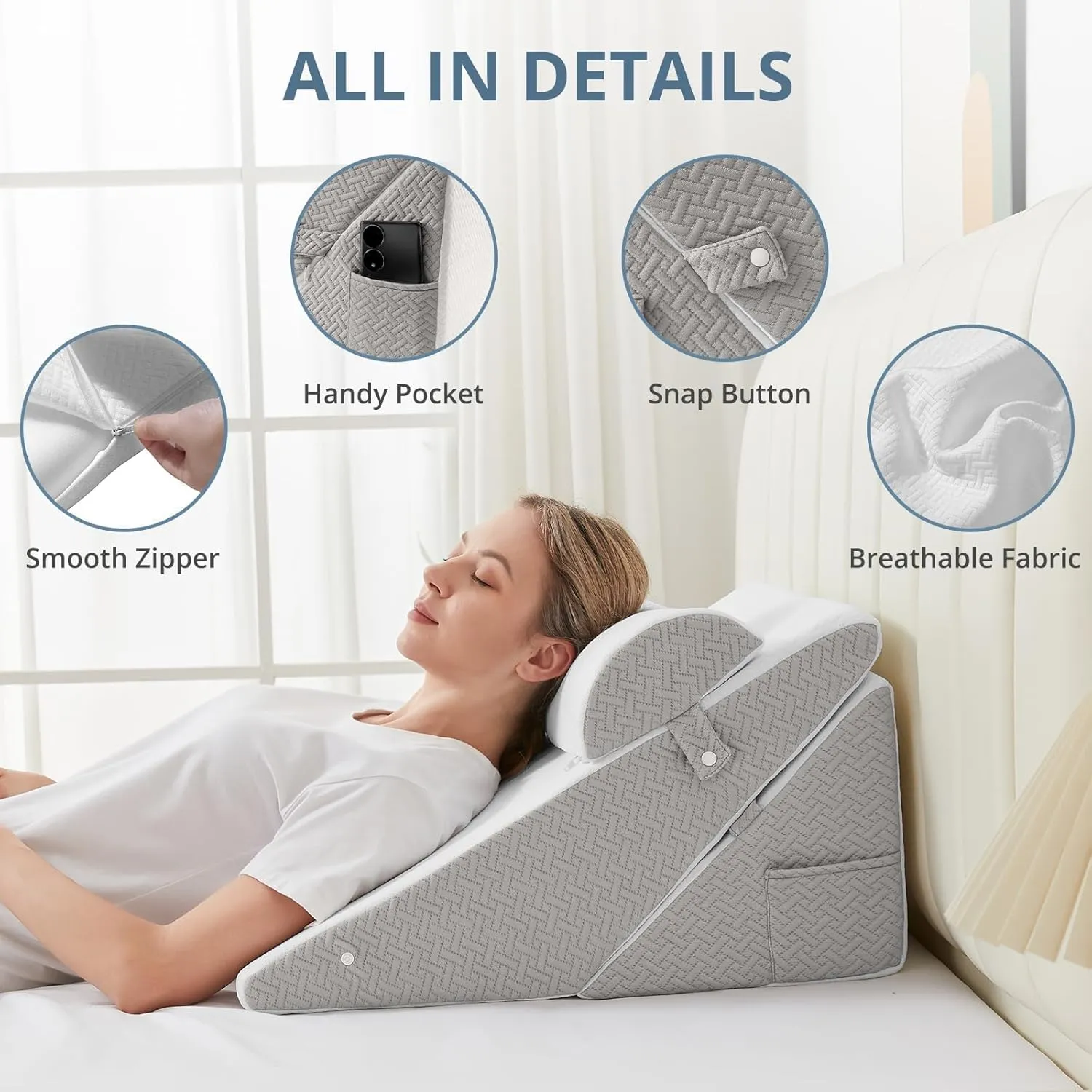 Sasttie Wedge Pillow Set for After Surgery, Adjustable Bed Wedge Pillow Headboard with Orthopedic Memory Foam Neck Cushion – for Acid Reflux, Sleeping, Neck & Back Support, White and Light Grey