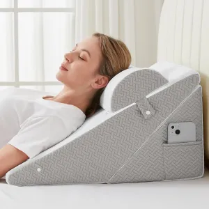 Sasttie Wedge Pillow Set for After Surgery, Adjustable Bed Wedge Pillow Headboard with Orthopedic Memory Foam Neck Cushion – for Acid Reflux, Sleeping, Neck & Back Support, White and Light Grey