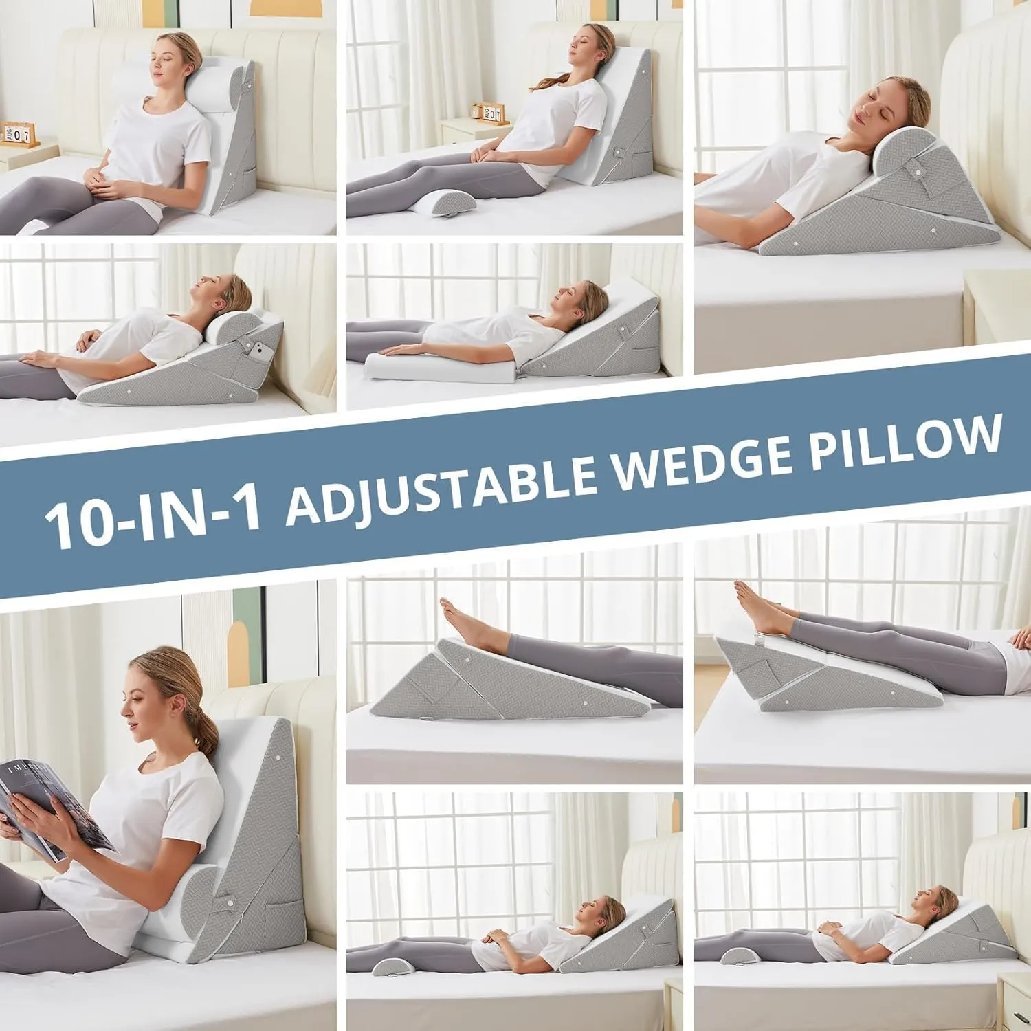 Sasttie Wedge Pillow Set for After Surgery, Adjustable Bed Wedge Pillow Headboard with Orthopedic Memory Foam Neck Cushion – for Acid Reflux, Sleeping, Neck & Back Support, White and Light Grey