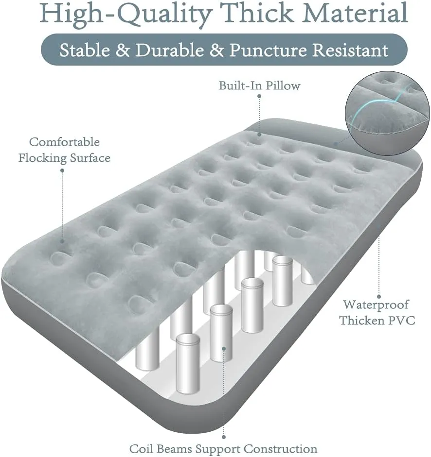SAYGOGO Camping Air Mattress Travel Bed Sleeping Pad - Leak Proof Inflatable Mattress with Thickened Surface Built-in Pillow Air Bed for Home Camping SUV Truck RV Tent Grey