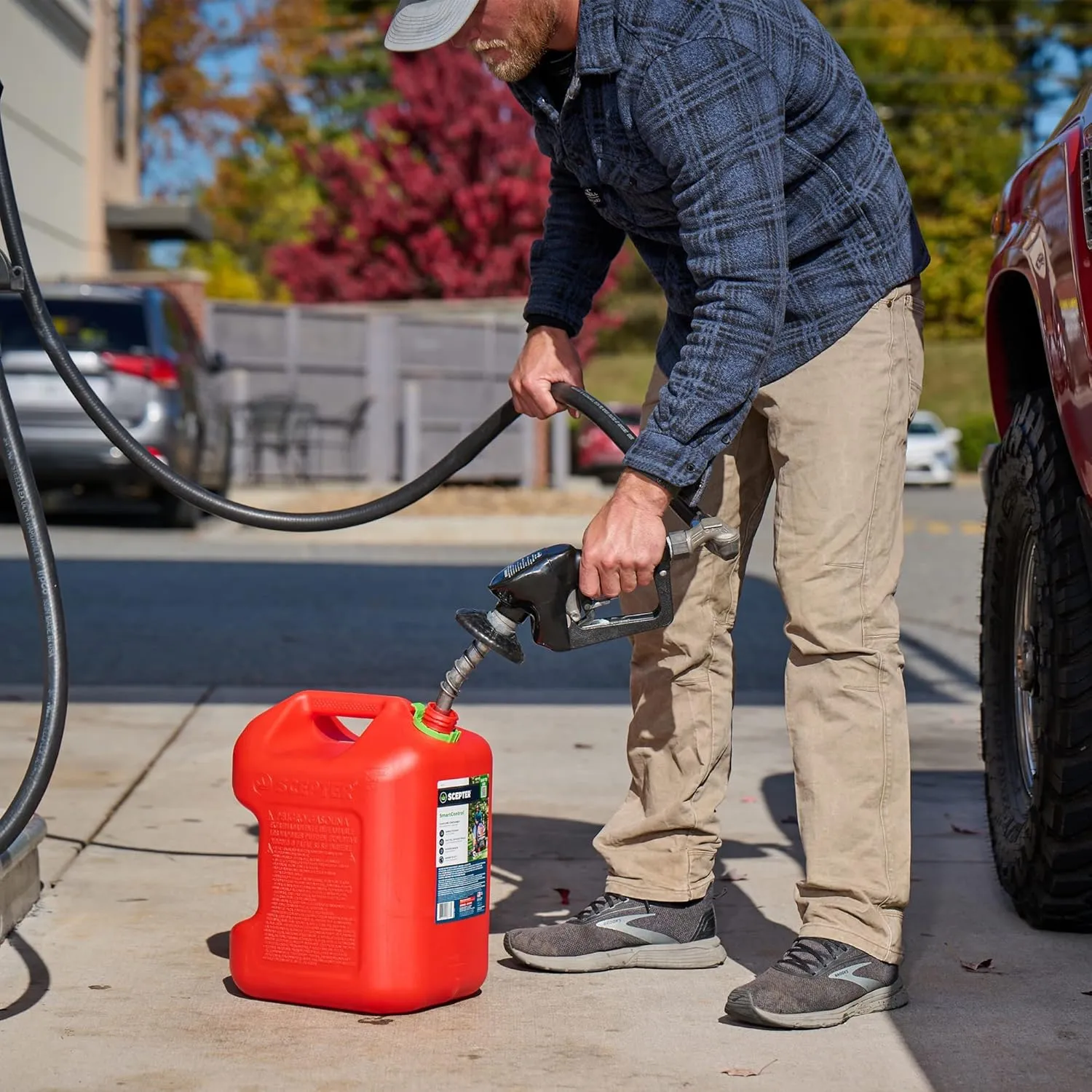 Scepter SmartControl Plastic Dual Handle 5 Gal Gasoline Can Container Jug w/Controllable Flow Nozzle Spout and Capless Gas Tank Funnel, 1 Pack, Red