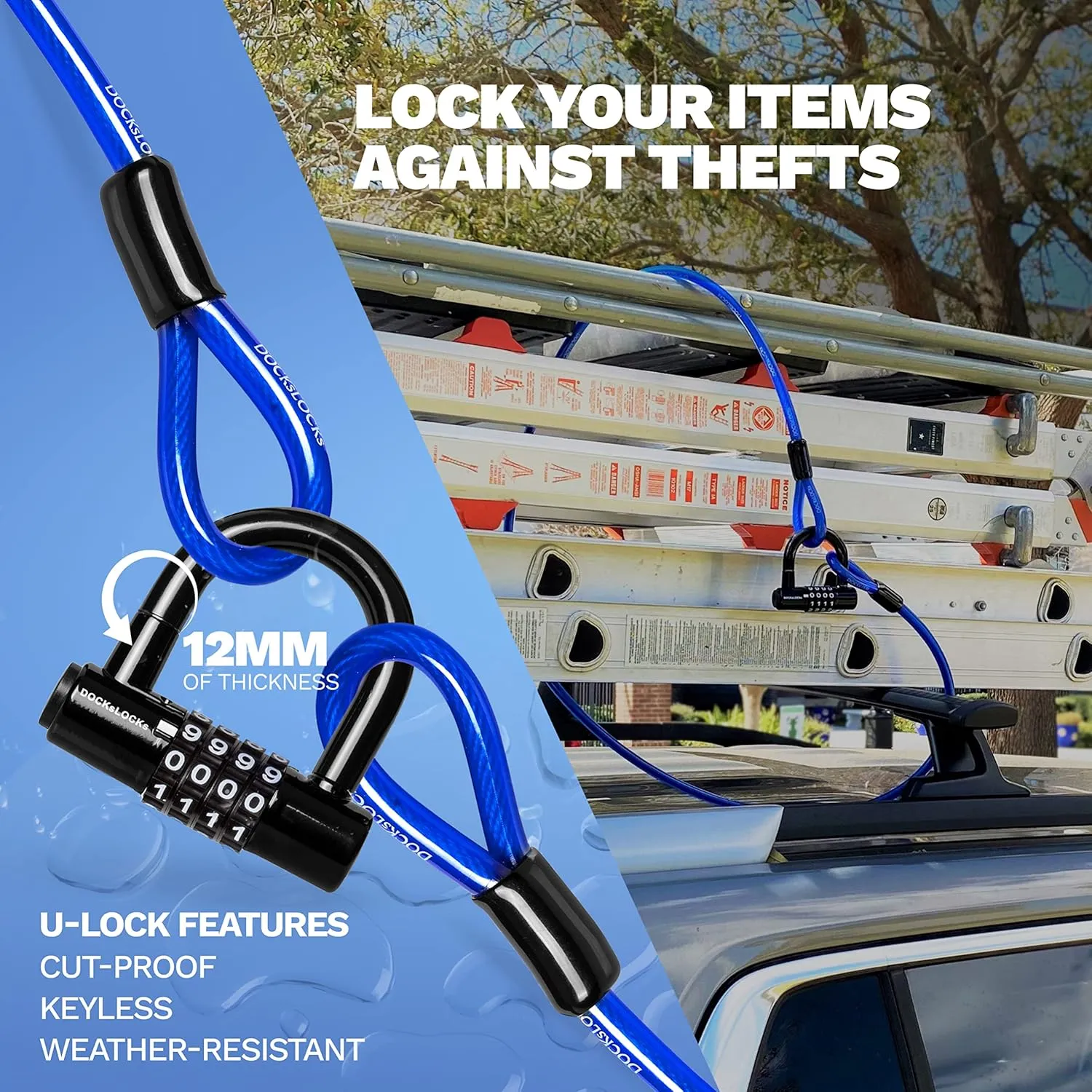 Security Cable Lock Set (5' to 25') Looped Ends, Weatherproof, Keyless Compact U-Lock with Combination, Anti-Theft for Bikes, Equipment 5ft
