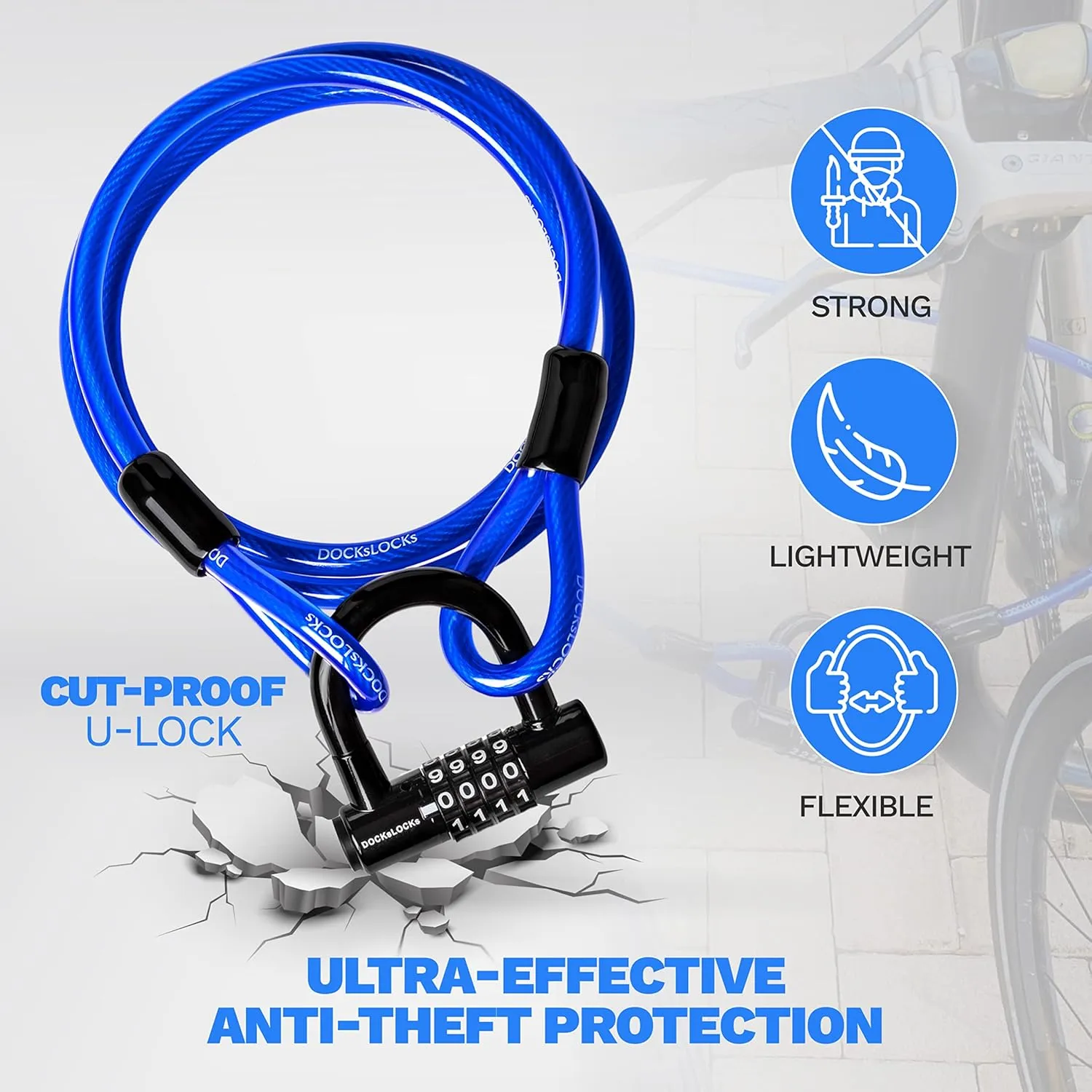 Security Cable Lock Set (5' to 25') Looped Ends, Weatherproof, Keyless Compact U-Lock with Combination, Anti-Theft for Bikes, Equipment 5ft