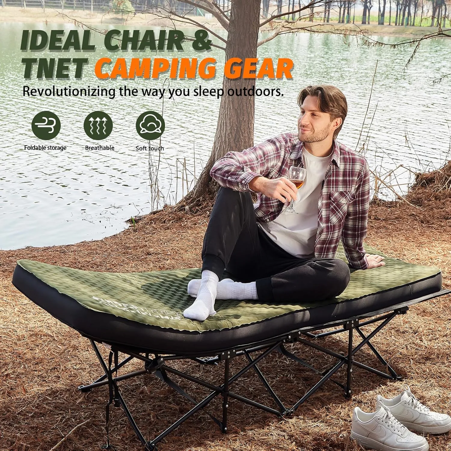 Self Inflating Sleeping Pad, 4in Ultra-Thick Foam Camping Cot Mattress with Air Pump Sack, Sleeping Mat for Adults Inflatable Camping Pad Mattress, Cot Bed, Travel, Car, Tent, Home, Army Green