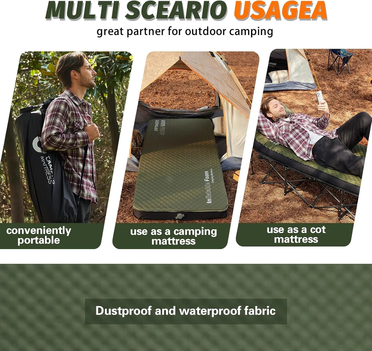 Self Inflating Sleeping Pad, 4in Ultra-Thick Foam Camping Cot Mattress with Air Pump Sack, Sleeping Mat for Adults Inflatable Camping Pad Mattress, Cot Bed, Travel, Car, Tent, Home, Army Green