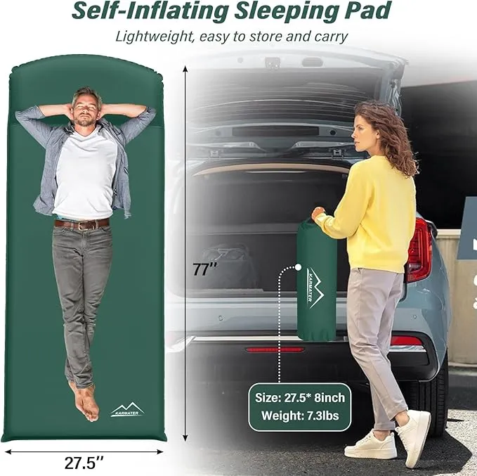Self Inflating Sleeping Pad for Camping - 3.1" Thick Foam Sleeping Pad with Inflatable Bag, Lightweight Inflatable Camping Mattress Pad for Car Camping Backpacking Hiking Camping Mat(Green)