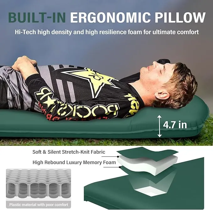 Self Inflating Sleeping Pad for Camping - 3.1" Thick Foam Sleeping Pad with Inflatable Bag, Lightweight Inflatable Camping Mattress Pad for Car Camping Backpacking Hiking Camping Mat(Green)