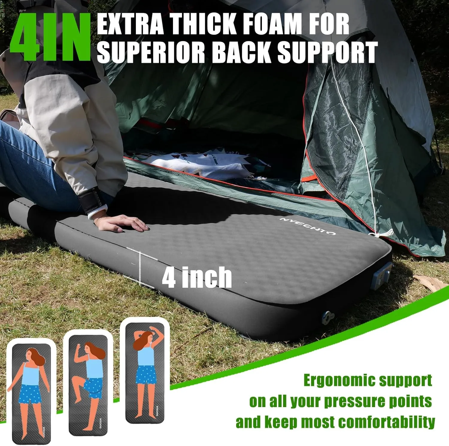 Self Inflating Sleeping Pad for Camping, 4" Extra-Thick Memory Foam Camping Mattress with Electric Pump, Fast Inflate & Deflate, 9.5 R-Value Insulated Camping Pad for Car Travel Tent Cot, Grey