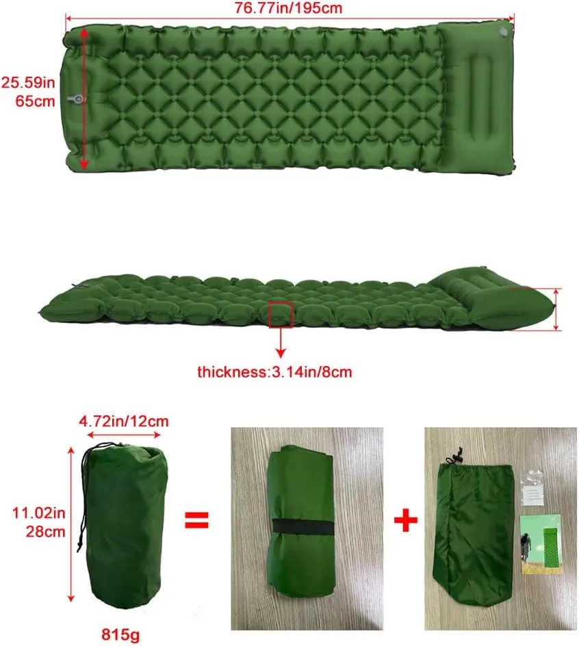 Self-Inflating Sleeping Pad for Camping, Camping Sleeping Pad with Built-in Pump, Extra Thickness Inflatable Sleeping Mat, Ultralight Compact Waterproof Air Mattress for Travel (Green)
