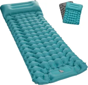 Self Inflating Sleeping Pad Mattress for Tent Camping: Inflatable Camping Bed with Built-in Foot Pump for Backpacking - 4" Extra Thick Blue Mat Air Cot for Floor