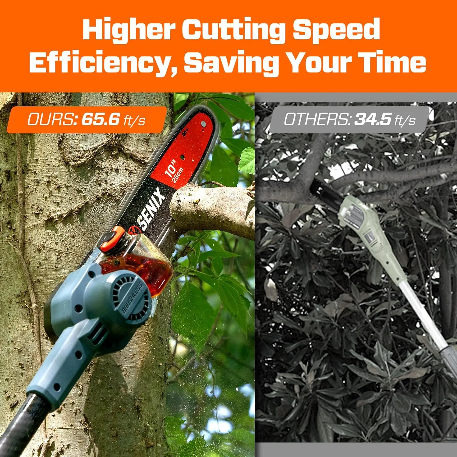 SENIX 10" Cordless Pole Saw, X6 60V Max 3.0Ah Battery Powered Pole Saw with 14ft Reach Carbon Fiber Telescoping Pole, 65.5ft/s Cutting Speed for Pruning and Trimming Branches(CSPX6-M)