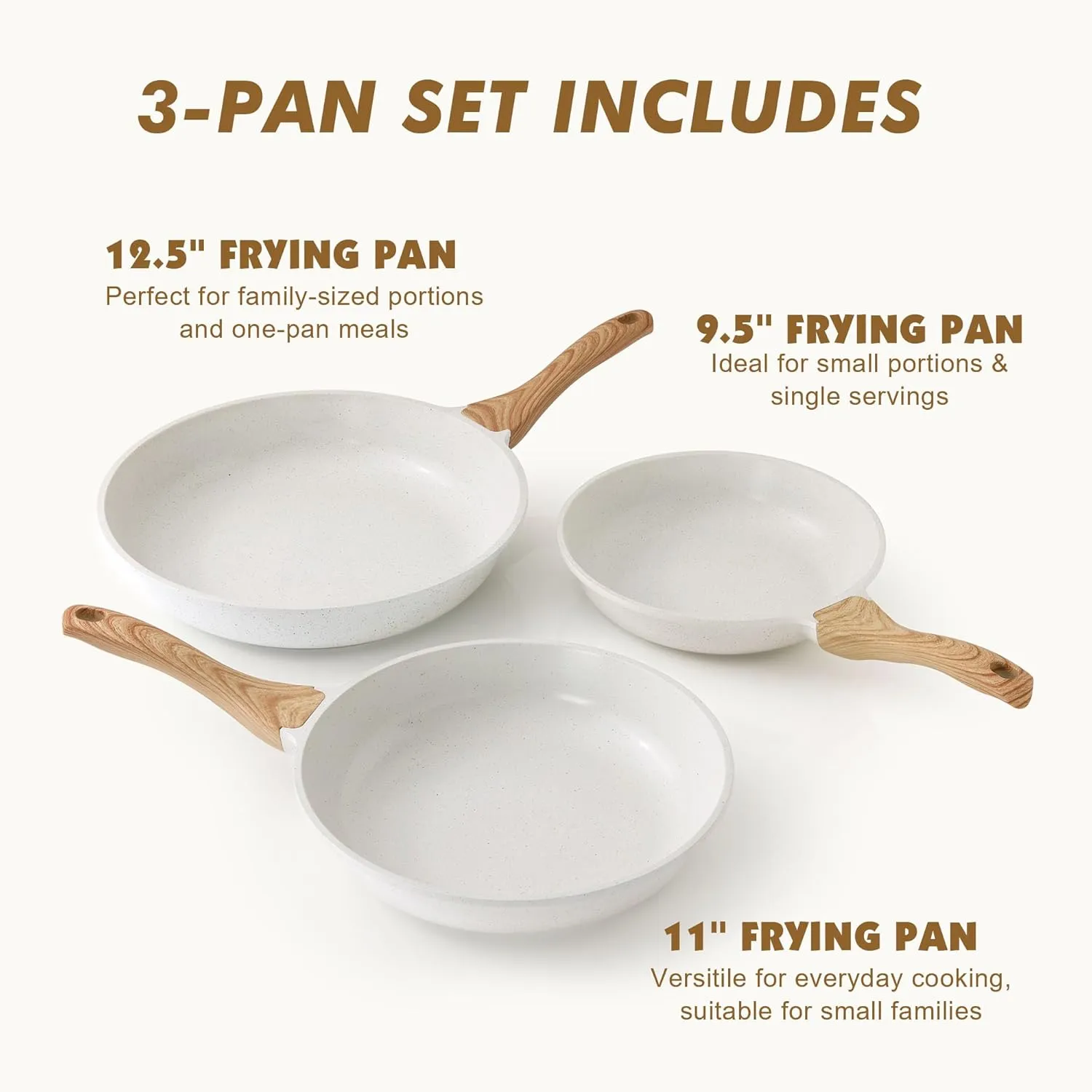 SENSARTE Nonstick Frying Pan Skillets, White Ceramic Coating Omelette Pans, Healthy Cookware Chef's Pan, Free of Intentionally Added PTFE & PFAS (9.5 11 12.5 Inch)