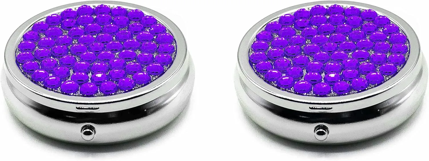 Set of 2 Circular Triple-Compartment Pocket Purse Pill Box & Organizer with Insert (Amethyst Gemstones)